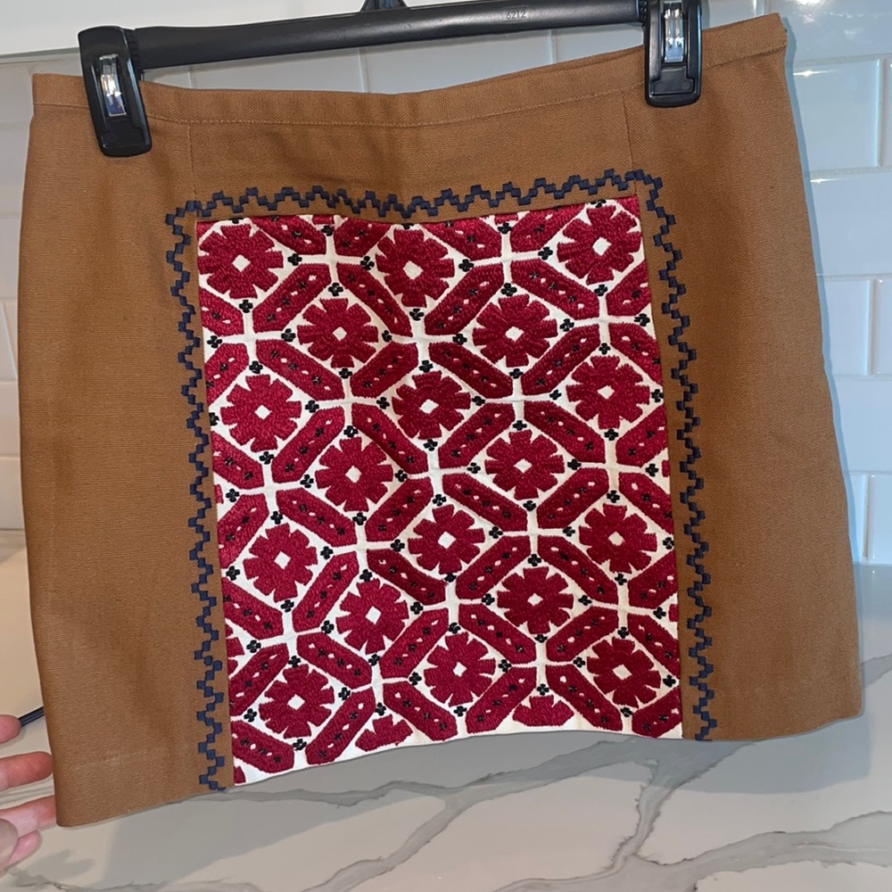 Claudie Pierlot Brown 100% Cotton Skirt Size 36 France (red/blue embroidery)